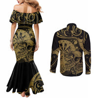 New Zealand Darts Couples Matching Mermaid Dress and Long Sleeve Button Shirt Skull In Dart We Trust Maori Pattern - Polynesian Pride