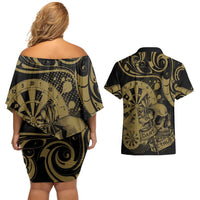 New Zealand Darts Couples Matching Off Shoulder Short Dress and Hawaiian Shirt Skull In Dart We Trust Maori Pattern - Polynesian Pride
