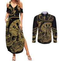 New Zealand Darts Couples Matching Summer Maxi Dress and Long Sleeve Button Shirt Skull In Dart We Trust Maori Pattern - Polynesian Pride