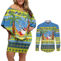 Palau Christmas Couples Matching Off Shoulder Short Dress and Long Sleeve Button Shirt Chilling Santa Ungil Kurismas - Polynesian Pride