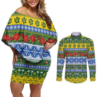 Solomon Islands Christmas Couples Matching Off Shoulder Short Dress and Long Sleeve Button Shirt The Solomons Melanesian Meri Krismas - Polynesian Pride