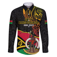 Personalised Vanuatu Unity Day Family Matching Long Sleeve Bodycon Dress and Hawaiian Shirt 29 November Coat Of Arms With Flag Style LT14 Dad's Shirt - Long Sleeve Black - Polynesian Pride