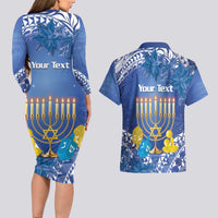 Personalised Hanukkah Jewish Festival Couples Matching Long Sleeve Bodycon Dress and Hawaiian Shirt It's Lit - Polynesian Pattern