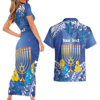 Personalised Hanukkah Jewish Festival Couples Matching Short Sleeve Bodycon Dress and Hawaiian Shirt It's Lit - Polynesian Pattern