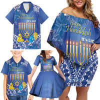 Personalised Hanukkah Jewish Festival Family Matching Off Shoulder Short Dress and Hawaiian Shirt It's Lit - Polynesian Pattern