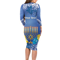 Personalised Hanukkah Jewish Festival Long Sleeve Bodycon Dress It's Lit - Polynesian Pattern