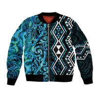 Turquoise Aotearoa Bomber Jacket Taniko Motifs With Paua Shell Kowhaiwhai LT14 Unisex Turquoise - Polynesian Pride