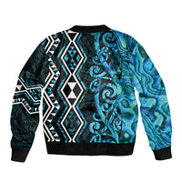 Turquoise Aotearoa Bomber Jacket Taniko Motifs With Paua Shell Kowhaiwhai LT14 - Polynesian Pride
