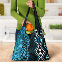 Turquoise Aotearoa Grocery Bag Taniko Motifs With Paua Shell Kowhaiwhai LT14 - Polynesian Pride