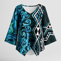 Turquoise Aotearoa Kimono Sleeve Blouse Taniko Motifs With Paua Shell Kowhaiwhai - Polynesian Pride
