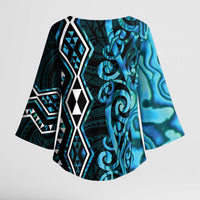 Turquoise Aotearoa Kimono Sleeve Blouse Taniko Motifs With Paua Shell Kowhaiwhai - Polynesian Pride