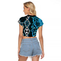 Turquoise Aotearoa Raglan Cropped T Shirt Taniko Motifs With Paua Shell Kowhaiwhai LT14 - Polynesian Pride