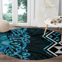Turquoise Aotearoa Round Carpet Taniko Motifs With Paua Shell Kowhaiwhai LT14 - Polynesian Pride