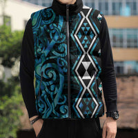 Turquoise Aotearoa Sleeveless Puffer Jacket Taniko Motifs With Paua Shell Kowhaiwhai - Polynesian Pride