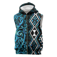 Turquoise Aotearoa Sleeveless Zip Hoodie Taniko Motifs With Paua Shell Kowhaiwhai - Polynesian Pride