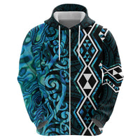 Turquoise Aotearoa Zip Hoodie Taniko Motifs With Paua Shell Kowhaiwhai