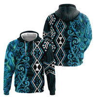 Turquoise Aotearoa Zip Hoodie Taniko Motifs With Paua Shell Kowhaiwhai