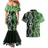 Green Aotearoa Couples Matching Mermaid Dress and Hawaiian Shirt Taniko Motifs With Paua Shell Kowhaiwhai