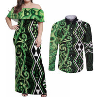 Green Aotearoa Couples Matching Off Shoulder Maxi Dress and Long Sleeve Button Shirt Taniko Motifs With Paua Shell Kowhaiwhai