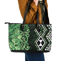 Green Aotearoa Leather Tote Bag Taniko Motifs With Paua Shell Kowhaiwhai
