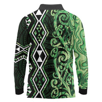 Green Aotearoa Long Sleeve Polo Shirt Taniko Motifs With Paua Shell Kowhaiwhai LT14 - Polynesian Pride