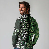 Green Aotearoa Long Sleeve Polo Shirt Taniko Motifs With Paua Shell Kowhaiwhai LT14 - Polynesian Pride