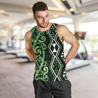 Green Aotearoa Men Tank Top Taniko Motifs With Paua Shell Kowhaiwhai