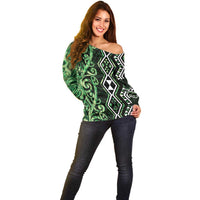 Green Aotearoa Off Shoulder Sweater Taniko Motifs With Paua Shell Kowhaiwhai