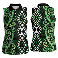 Green Aotearoa Women Sleeveless Polo Shirt Taniko Motifs With Paua Shell Kowhaiwhai LT14 - Polynesian Pride