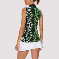 Green Aotearoa Women Sleeveless Polo Shirt Taniko Motifs With Paua Shell Kowhaiwhai LT14 - Polynesian Pride