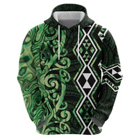 Green Aotearoa Zip Hoodie Taniko Motifs With Paua Shell Kowhaiwhai