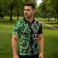 Green Aotearoa Zipper Polo Shirt Taniko Motifs With Paua Shell Kowhaiwhai - Polynesian Pride