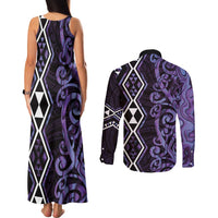 Purple Aotearoa Couples Matching Tank Maxi Dress and Long Sleeve Button Shirt Taniko Motifs With Paua Shell Kowhaiwhai