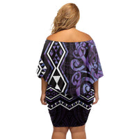 Purple Aotearoa Family Matching Off Shoulder Short Dress and Hawaiian Shirt Taniko Motifs With Paua Shell Kowhaiwhai