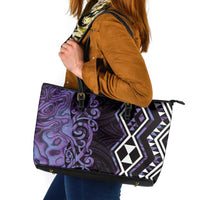 Purple Aotearoa Leather Tote Bag Taniko Motifs With Paua Shell Kowhaiwhai
