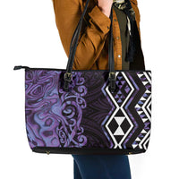 Purple Aotearoa Leather Tote Bag Taniko Motifs With Paua Shell Kowhaiwhai