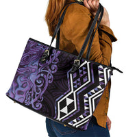 Purple Aotearoa Leather Tote Bag Taniko Motifs With Paua Shell Kowhaiwhai