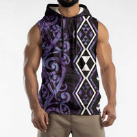 Purple Aotearoa Sleeveless Hoodie Taniko Motifs With Paua Shell Kowhaiwhai - Polynesian Pride
