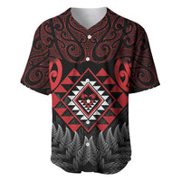 Aotearoa Kiwi Taniko Baseball Jersey Silver Fern With Maori Koru Pattern LT14 Red - Polynesian Pride