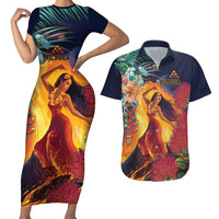 Hawaii Kilauea Big Islands Couples Matching Short Sleeve Bodycon Dress and Hawaiian Shirt Pele Goddess With Tropical Flowers