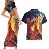 Hawaii Kilauea Big Islands Couples Matching Short Sleeve Bodycon Dress and Hawaiian Shirt Pele Goddess With Tropical Flowers