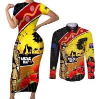 New Zealand And Australia ANZAC Day Couples Matching Short Sleeve Bodycon Dress and Long Sleeve Button Shirt Aboriginal Maori Starring Night Style LT14 Gold - Polynesian Pride