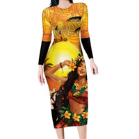 Aloha Hawaii Women's Day Family Matching Long Sleeve Bodycon Dress and Hawaiian Shirt Hula Girl With Sunset Vibes LT14 Mom's Dress Yellow - Polynesian Pride