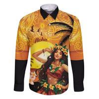 Aloha Hawaii Women's Day Family Matching Puletasi and Hawaiian Shirt Hula Girl With Sunset Vibes LT14 Dad's Shirt - Long Sleeve Yellow - Polynesian Pride