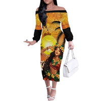 Aloha Hawaii Women's Day Off The Shoulder Long Sleeve Dress Hula Girl With Sunset Vibes LT14 Women Yellow - Polynesian Pride