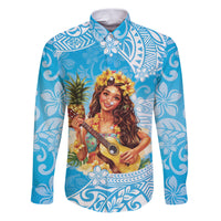 Aloha Hawaii Women's Day Family Matching Puletasi and Hawaiian Shirt Hula Girl With Ukulele Tropical Style LT14 Dad's Shirt - Long Sleeve Blue - Polynesian Pride