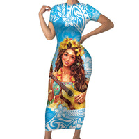 Aloha Hawaii Women's Day Family Matching Short Sleeve Bodycon Dress and Hawaiian Shirt Hula Girl With Ukulele Tropical Style LT14 Mom's Dress Blue - Polynesian Pride