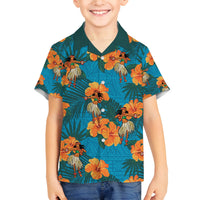 Hawaii Luau Party Family Matching Off Shoulder Short Dress and Hawaiian Shirt Dancing Girl Tropical Flowers LT14 Son's Shirt Blue - Polynesian Pride