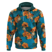 Hawaii Luau Party Zip Hoodie Dancing Girl Tropical Flowers LT14 Pullover Hoodie Blue - Polynesian Pride