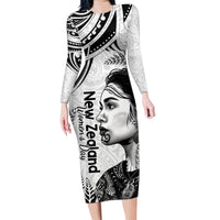 New Zealand Women's Day Family Matching Long Sleeve Bodycon Dress and Hawaiian Shirt Aotearoa Kia Whakapumau Te Mana Wahine LT14 Mom's Dress White - Polynesian Pride